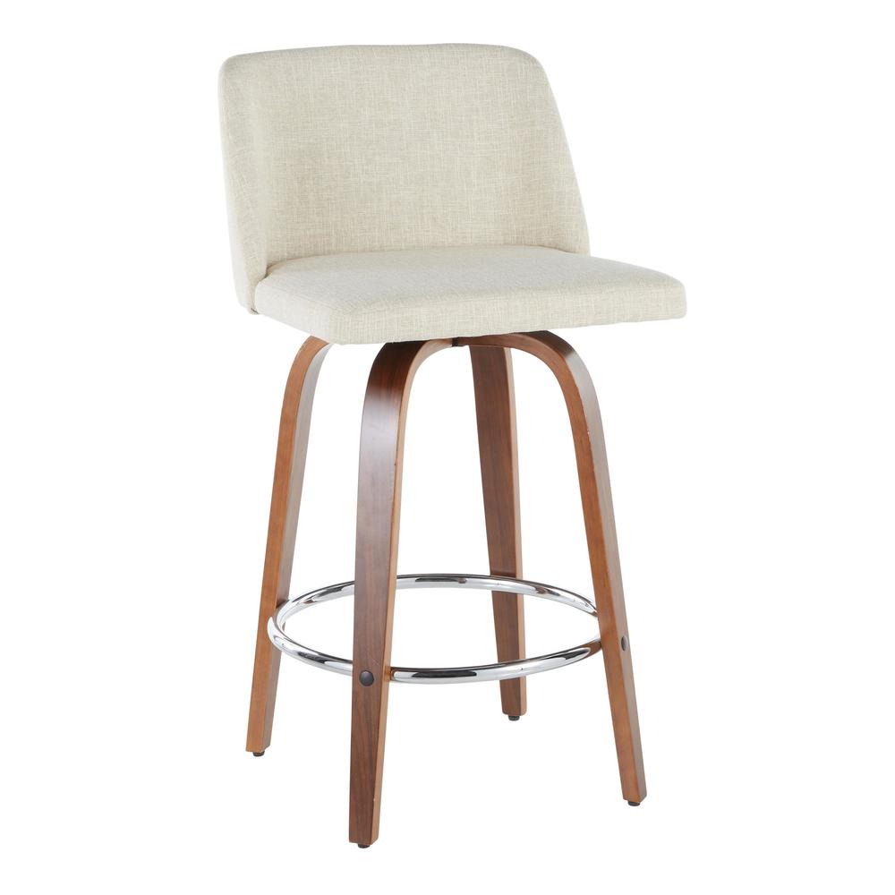 Walnut Wood, Cream Fabric, Chrome Toriano Counter Stool - Set of 2. Picture 2