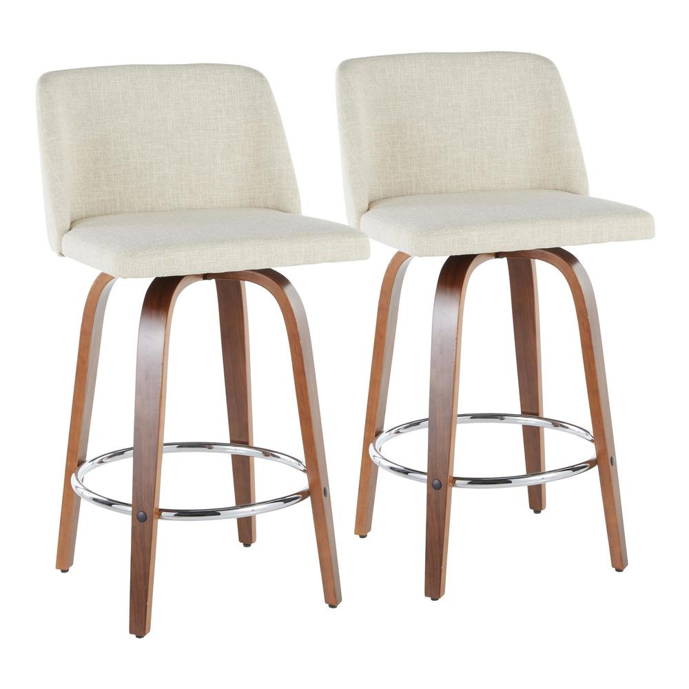 Walnut Wood, Cream Fabric, Chrome Toriano Counter Stool - Set of 2. Picture 1