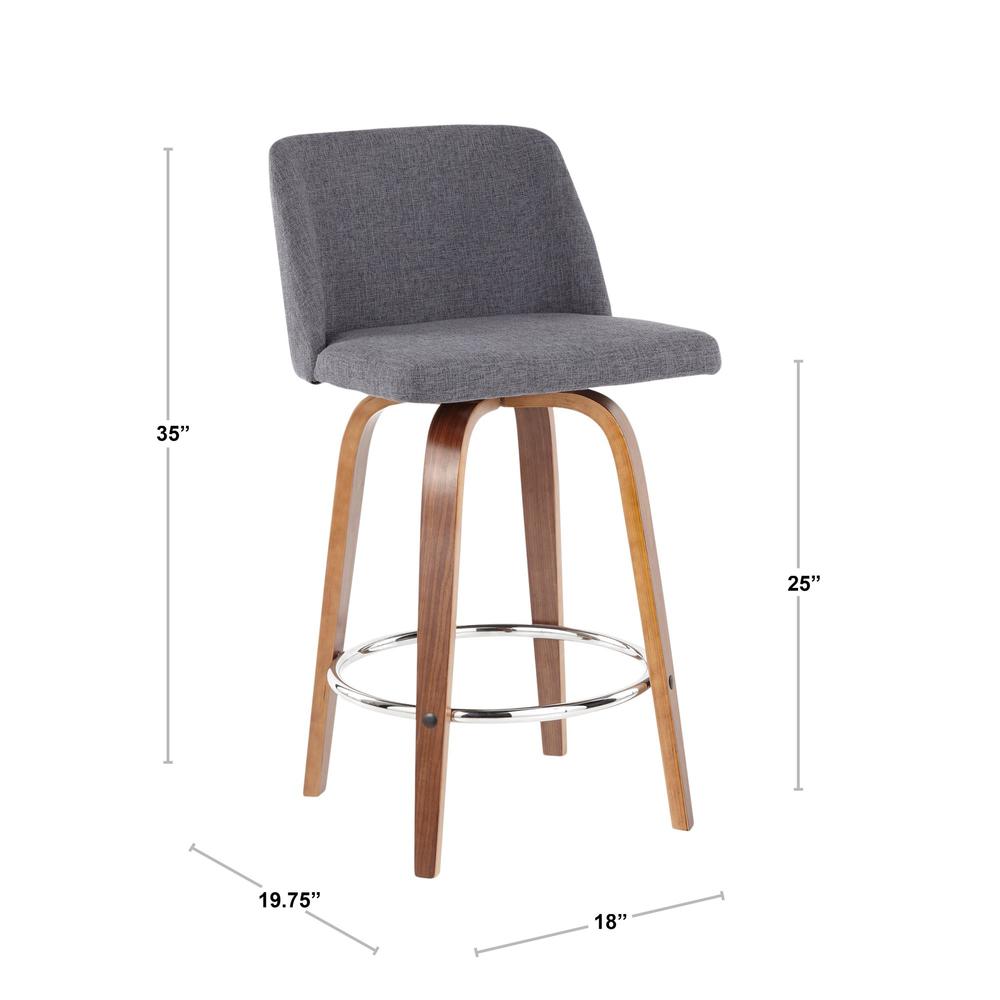 Walnut Wood, Blue Fabric, Chrome Toriano Counter Stool - Set of 2. Picture 8