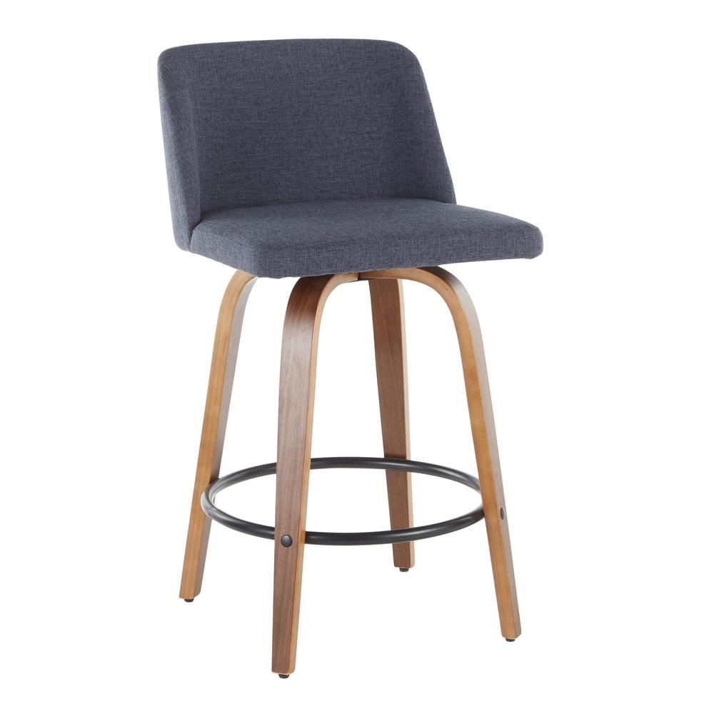 Walnut Wood, Blue Fabric, Black Metal Toriano Counter Stool - Set of 2. Picture 2
