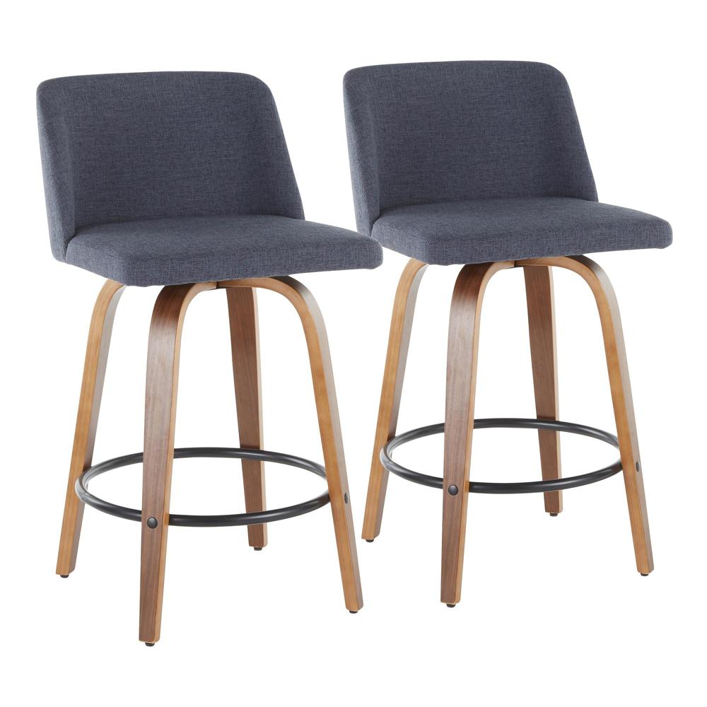 Walnut Wood, Blue Fabric, Black Metal Toriano Counter Stool - Set of 2. Picture 1