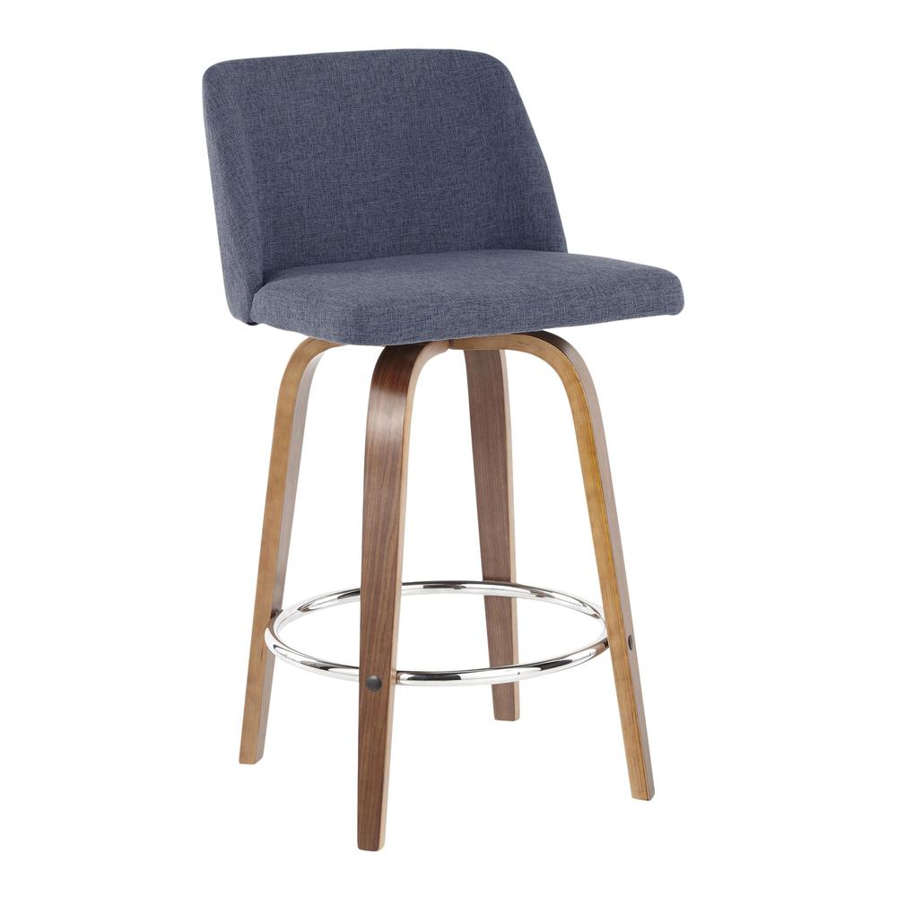 Walnut Wood, Blue Fabric, Chrome Toriano Counter Stool - Set of 2. Picture 2