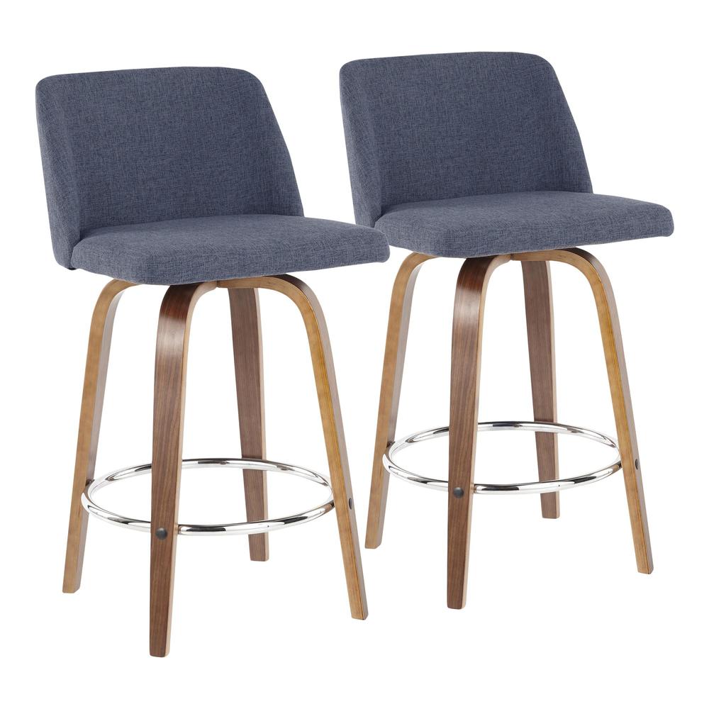 Walnut Wood, Blue Fabric, Chrome Toriano Counter Stool - Set of 2. Picture 1