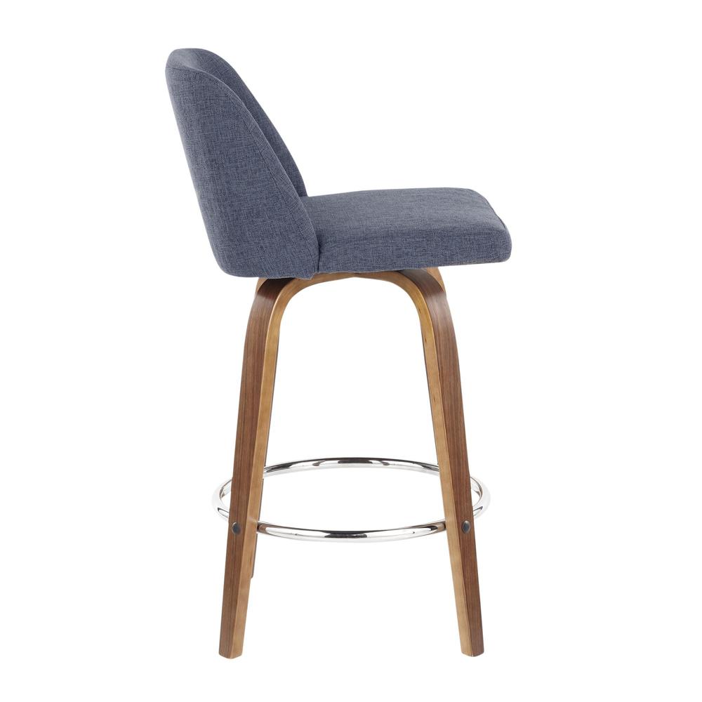 Walnut Wood, Blue Fabric, Chrome Toriano Counter Stool - Set of 2. Picture 3