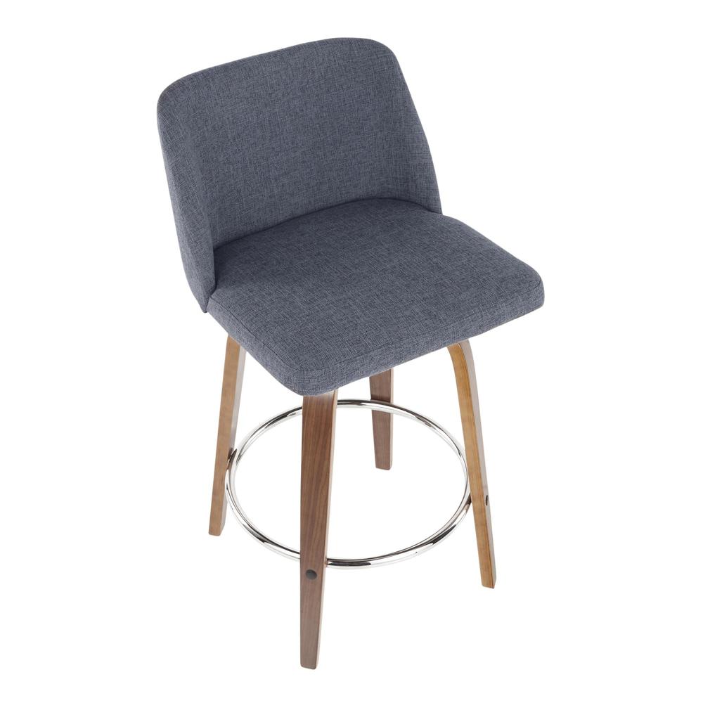 Walnut Wood, Blue Fabric, Chrome Toriano Counter Stool - Set of 2. Picture 7