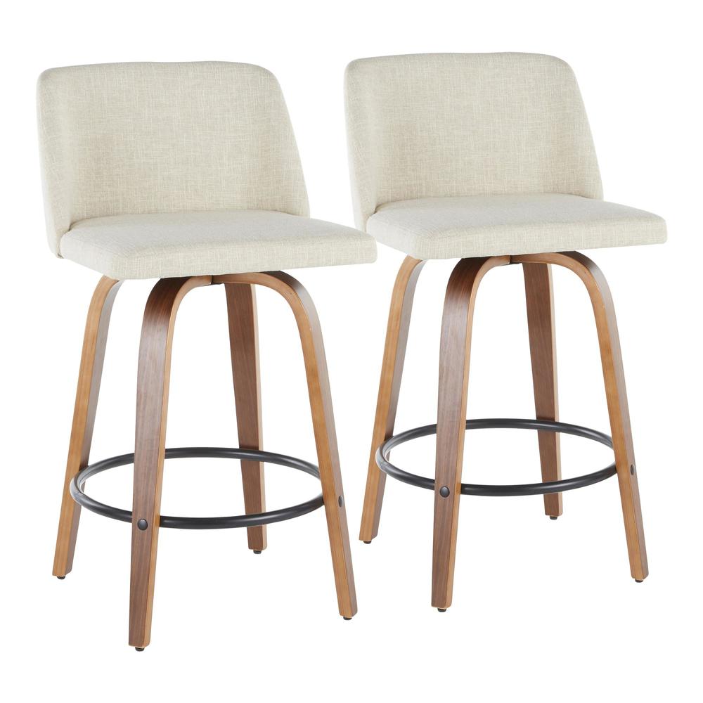 Walnut Wood, Cream Fabric, Black Metal Toriano Counter Stool - Set of 2. Picture 1