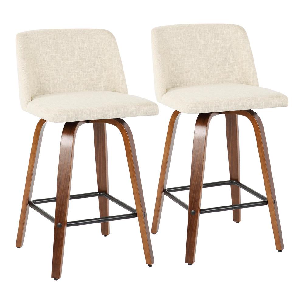 Walnut Wood, Cream Fabric, Black Metal Toriano Counter Stool - Set of 2. Picture 1
