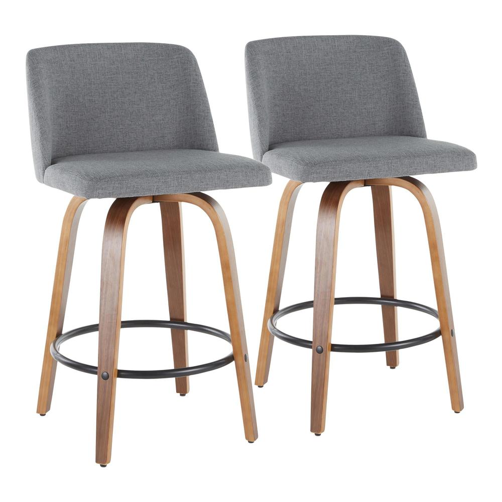 Walnut Wood, Grey Fabric, Black Metal Toriano Counter Stool - Set of 2. Picture 1