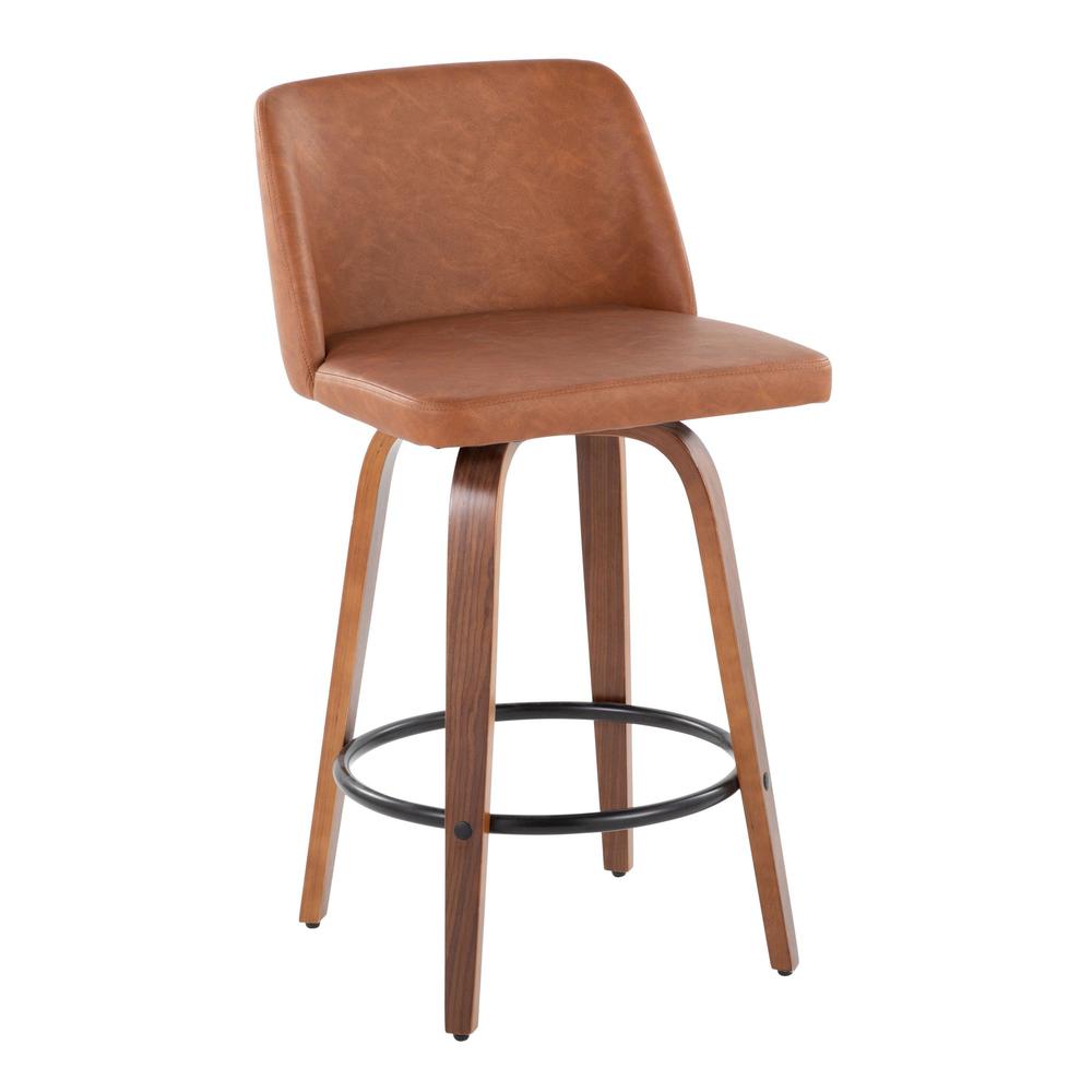 Walnut Wood, Camel PU, Black Steel Toriano 26" Counter Stool - Set of 2. Picture 2