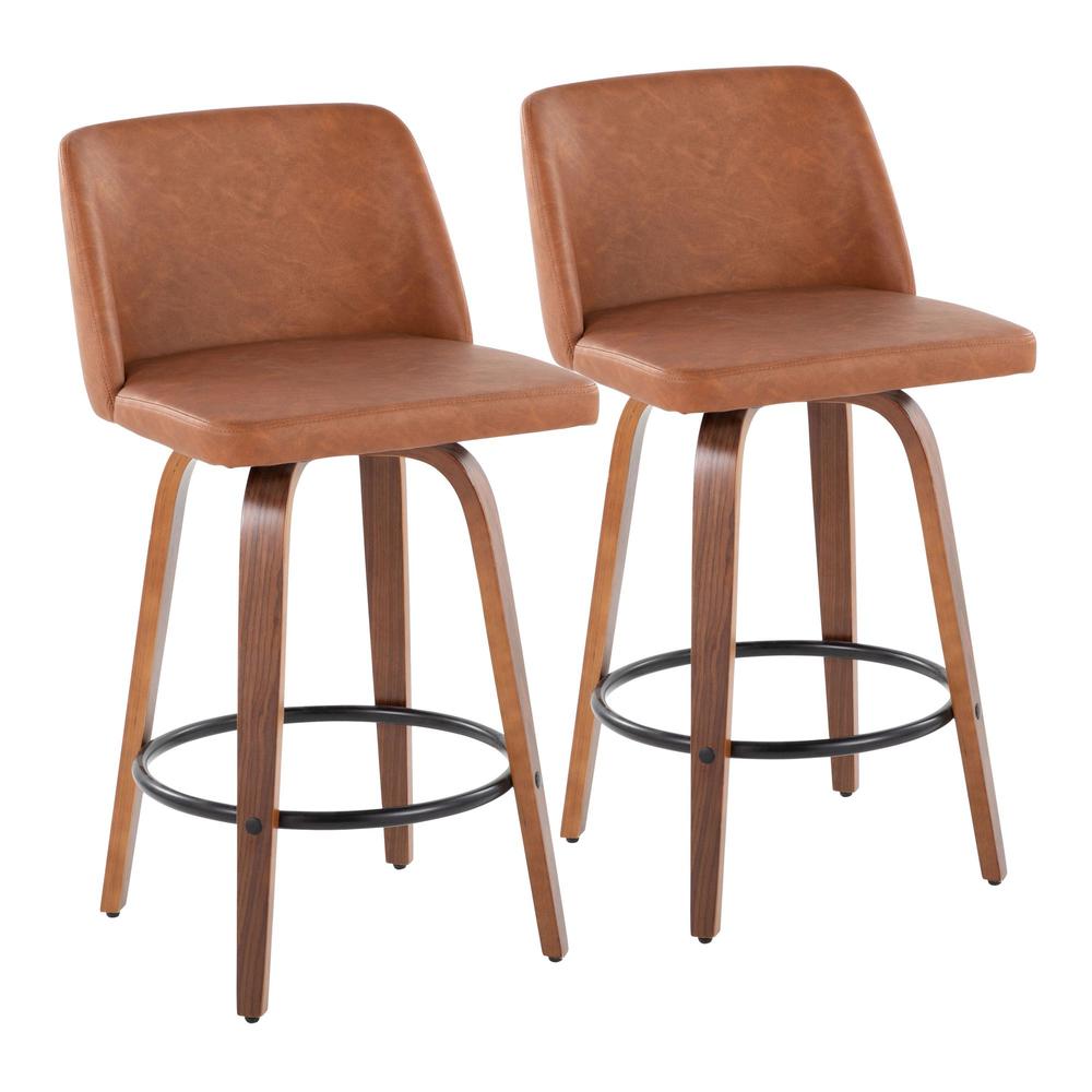 Walnut Wood, Camel PU, Black Steel Toriano 26" Counter Stool - Set of 2. Picture 1