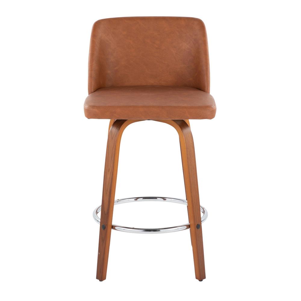 Walnut Wood, Camel PU, Chrome Toriano 26" Counter Stool - Set of 2. Picture 6