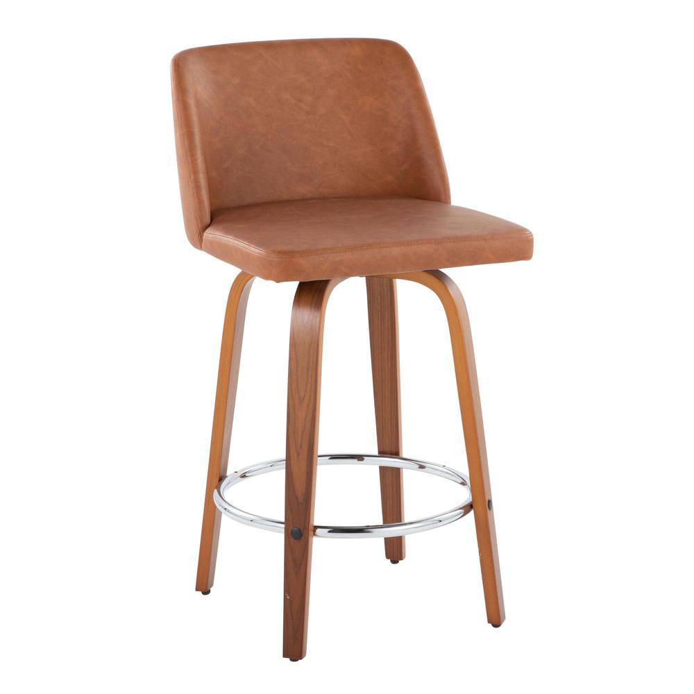 Walnut Wood, Camel PU, Chrome Toriano 26" Counter Stool - Set of 2. Picture 2