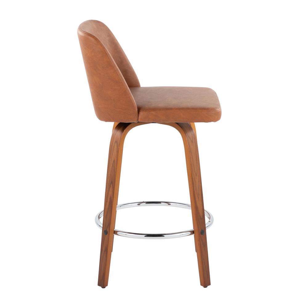 Walnut Wood, Camel PU, Chrome Toriano 26" Counter Stool - Set of 2. Picture 3