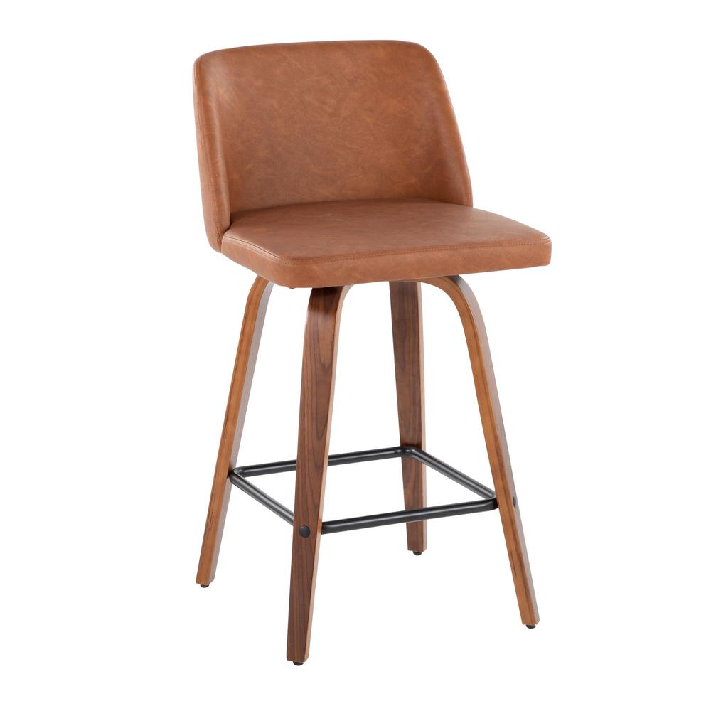 Walnut Wood, Camel PU, Black Steel Toriano 26" Counter Stool - Set of 2. Picture 2