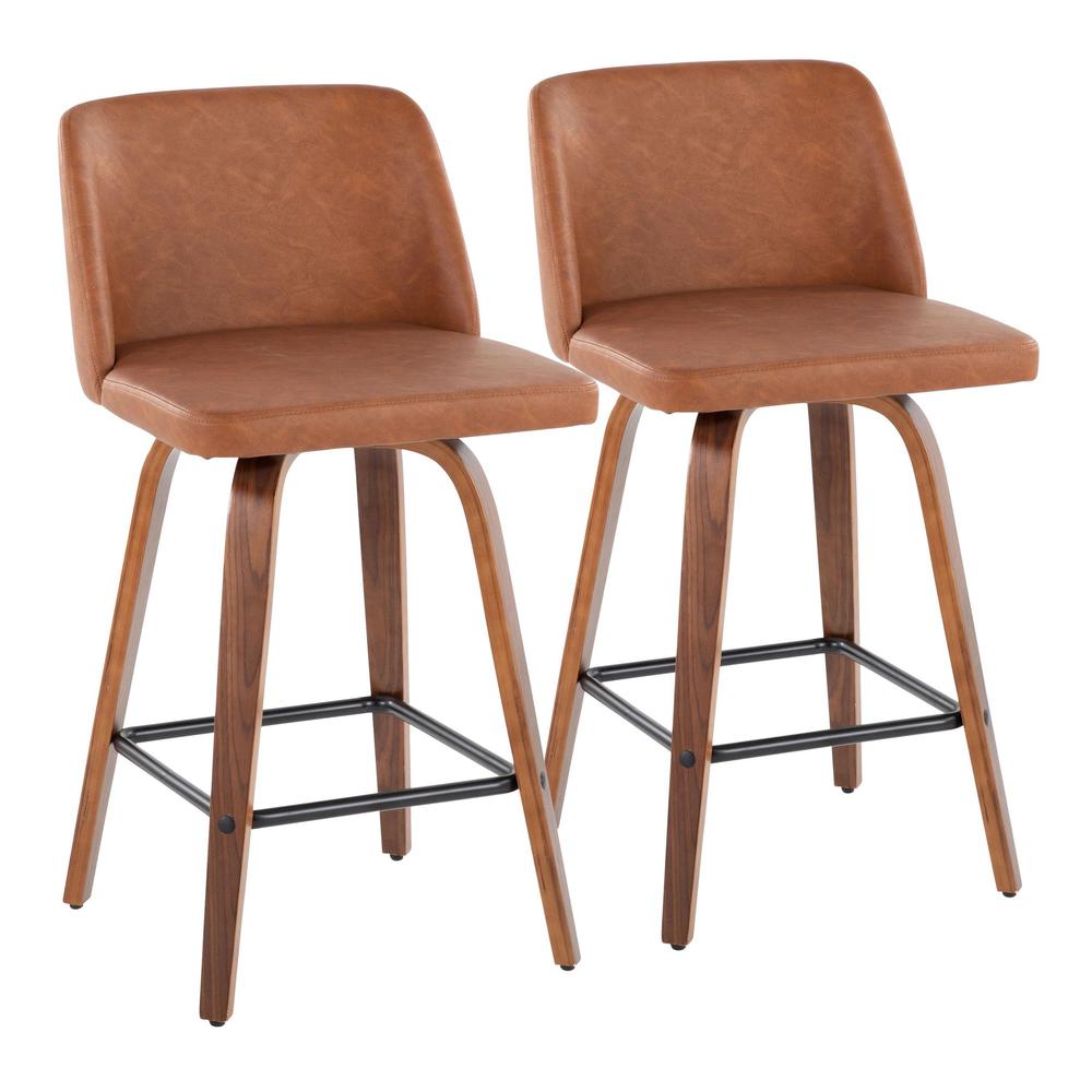 Walnut Wood, Camel PU, Black Steel Toriano 26" Counter Stool - Set of 2. Picture 1