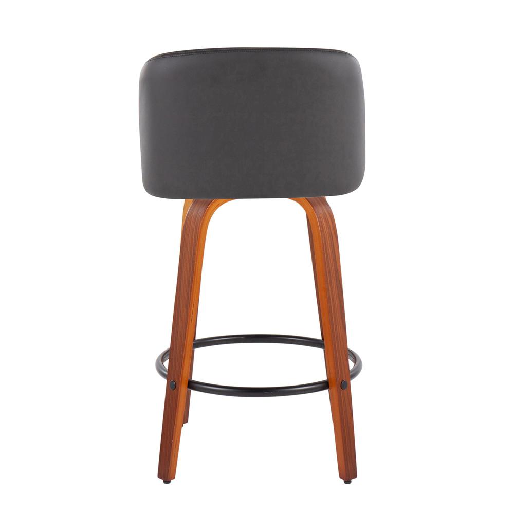 Walnut Wood, Grey PU, Black Steel Toriano Fixed-Height Counter Stool - Set of 2. Picture 5