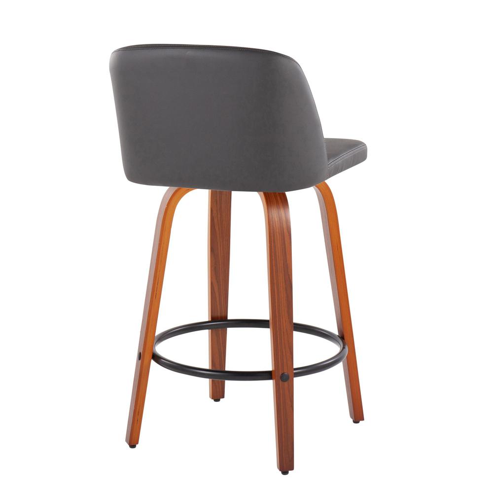 Walnut Wood, Grey PU, Black Steel Toriano Fixed-Height Counter Stool - Set of 2. Picture 4