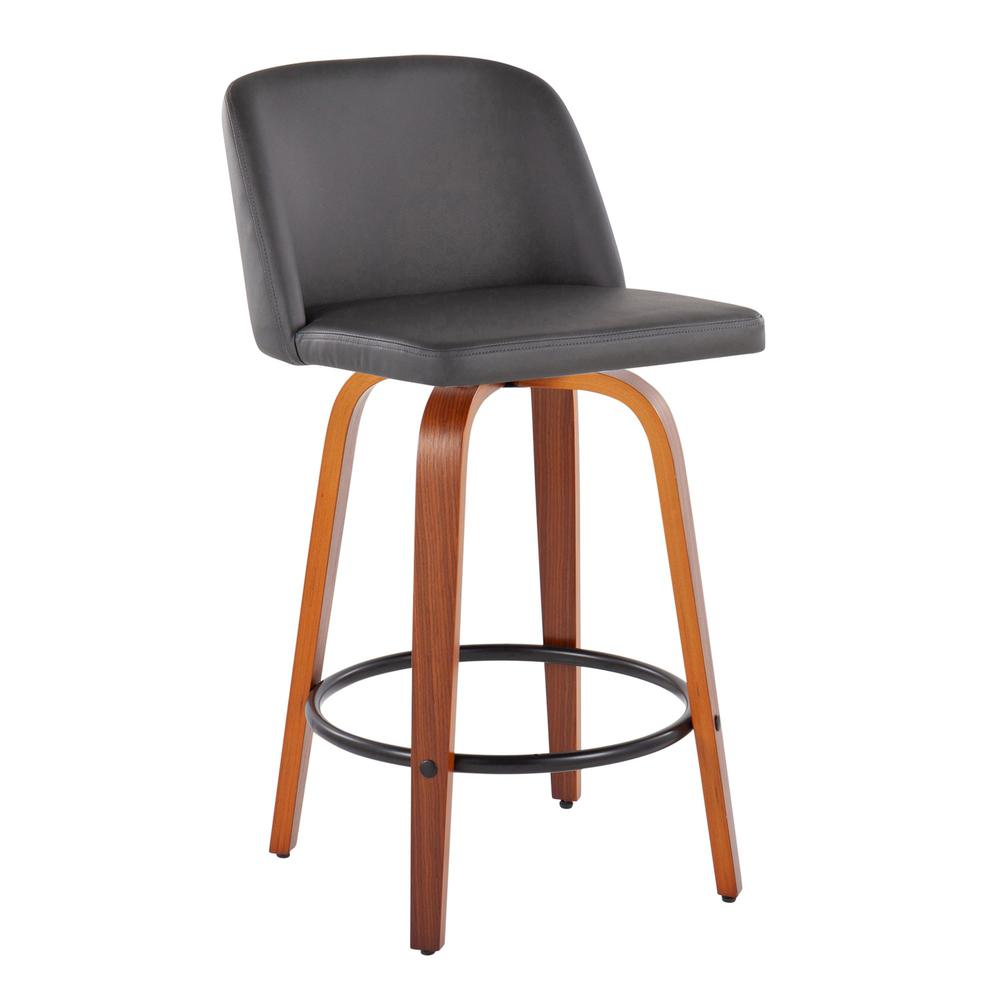 Walnut Wood, Grey PU, Black Steel Toriano Fixed-Height Counter Stool - Set of 2. Picture 2