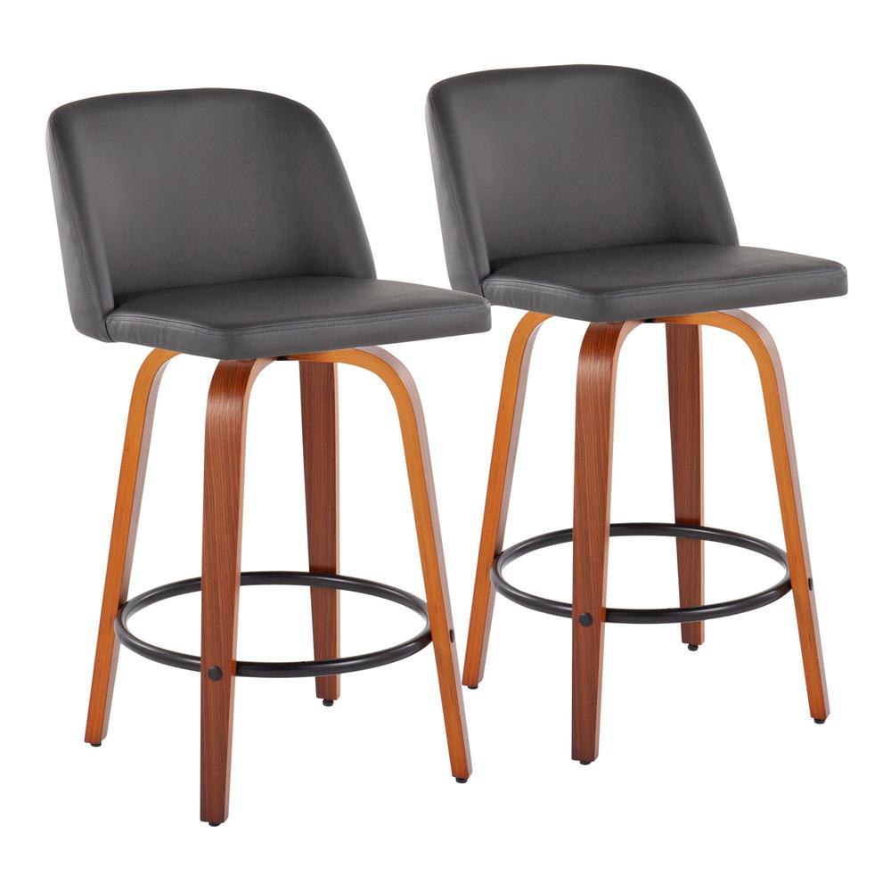 Walnut Wood, Grey PU, Black Steel Toriano Fixed-Height Counter Stool - Set of 2. Picture 1