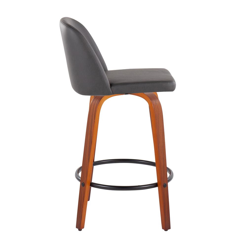 Walnut Wood, Grey PU, Black Steel Toriano Fixed-Height Counter Stool - Set of 2. Picture 3