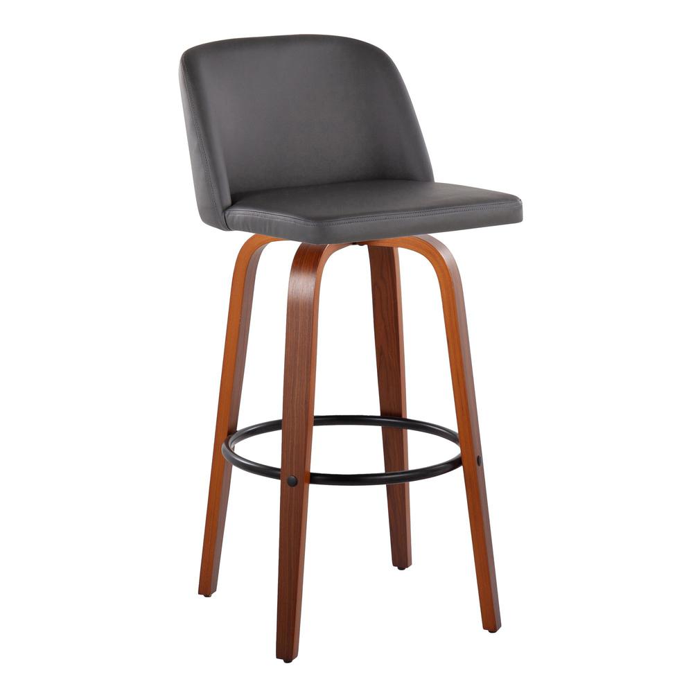 Walnut Wood, Grey PU, Black Metal Toriano 30" Fixed Height Barstool - Set of 2. Picture 2