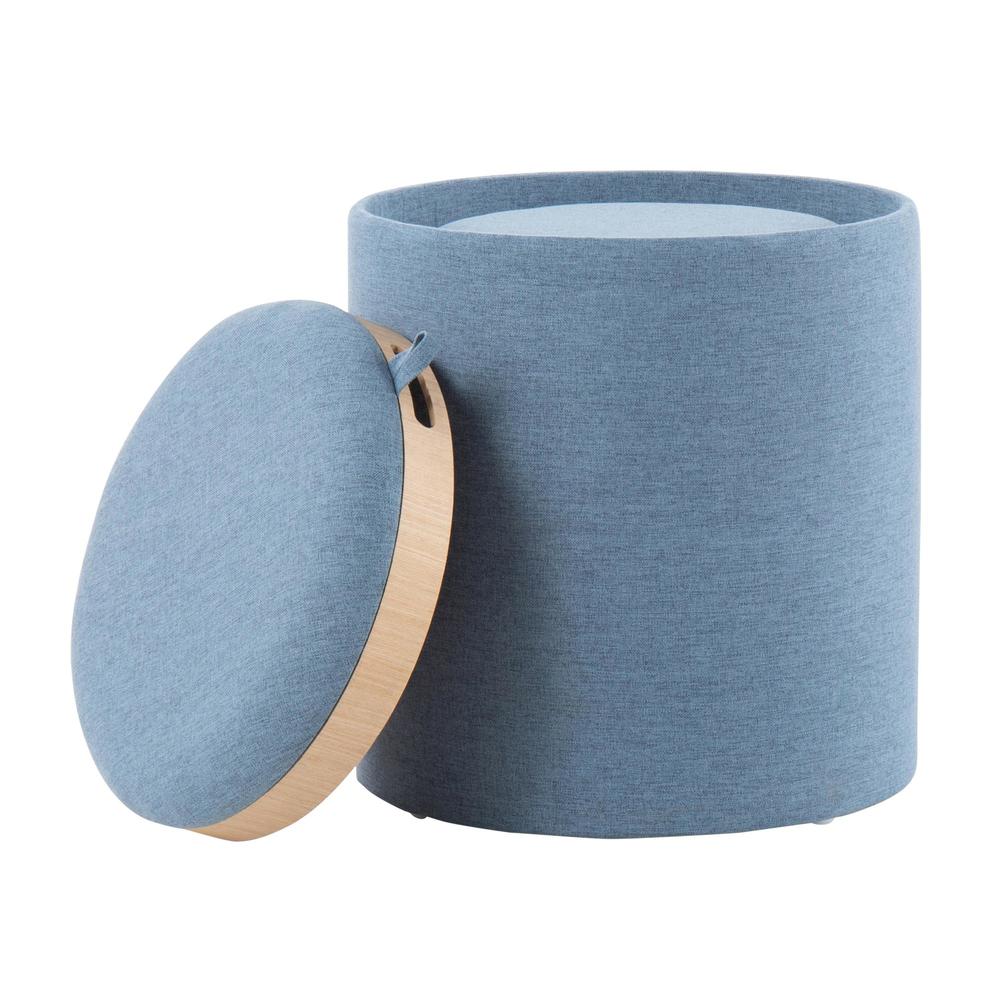 Blue Fabric, Natural Wood Tray Nesting Ottoman Set. Picture 5