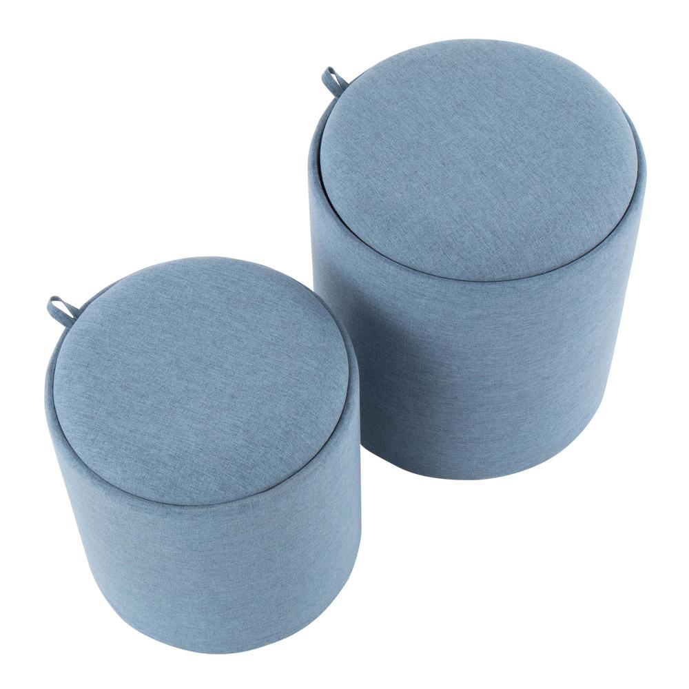 Blue Fabric, Natural Wood Tray Nesting Ottoman Set. Picture 2