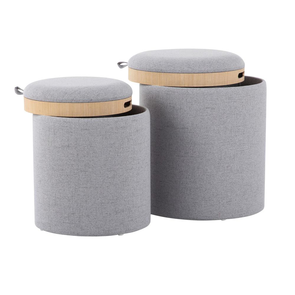 Grey Fabric, Natural Wood Tray Nesting Ottoman Set. Picture 3