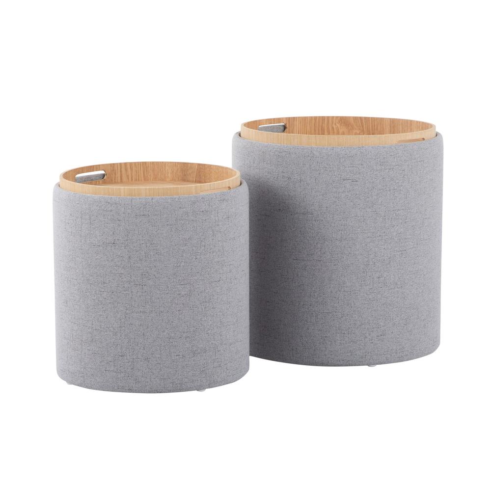 Grey Fabric, Natural Wood Tray Nesting Ottoman Set. Picture 4