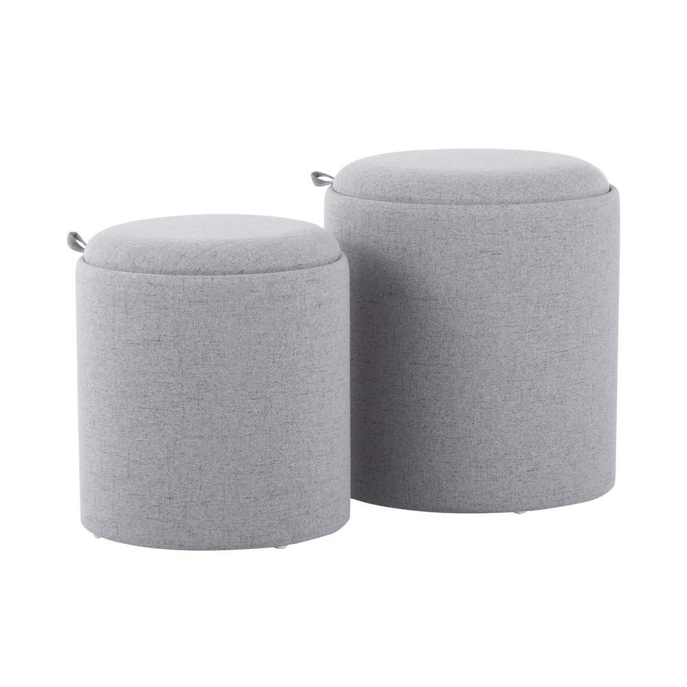 Grey Fabric, Natural Wood Tray Nesting Ottoman Set. Picture 1
