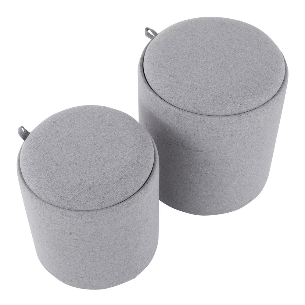 Grey Fabric, Natural Wood Tray Nesting Ottoman Set. Picture 2