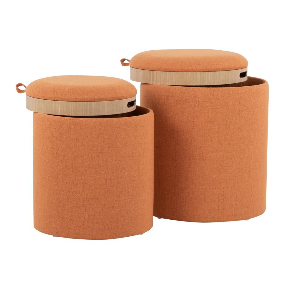 Orange Fabric, Natural Wood Tray Nesting Ottoman Set. Picture 3