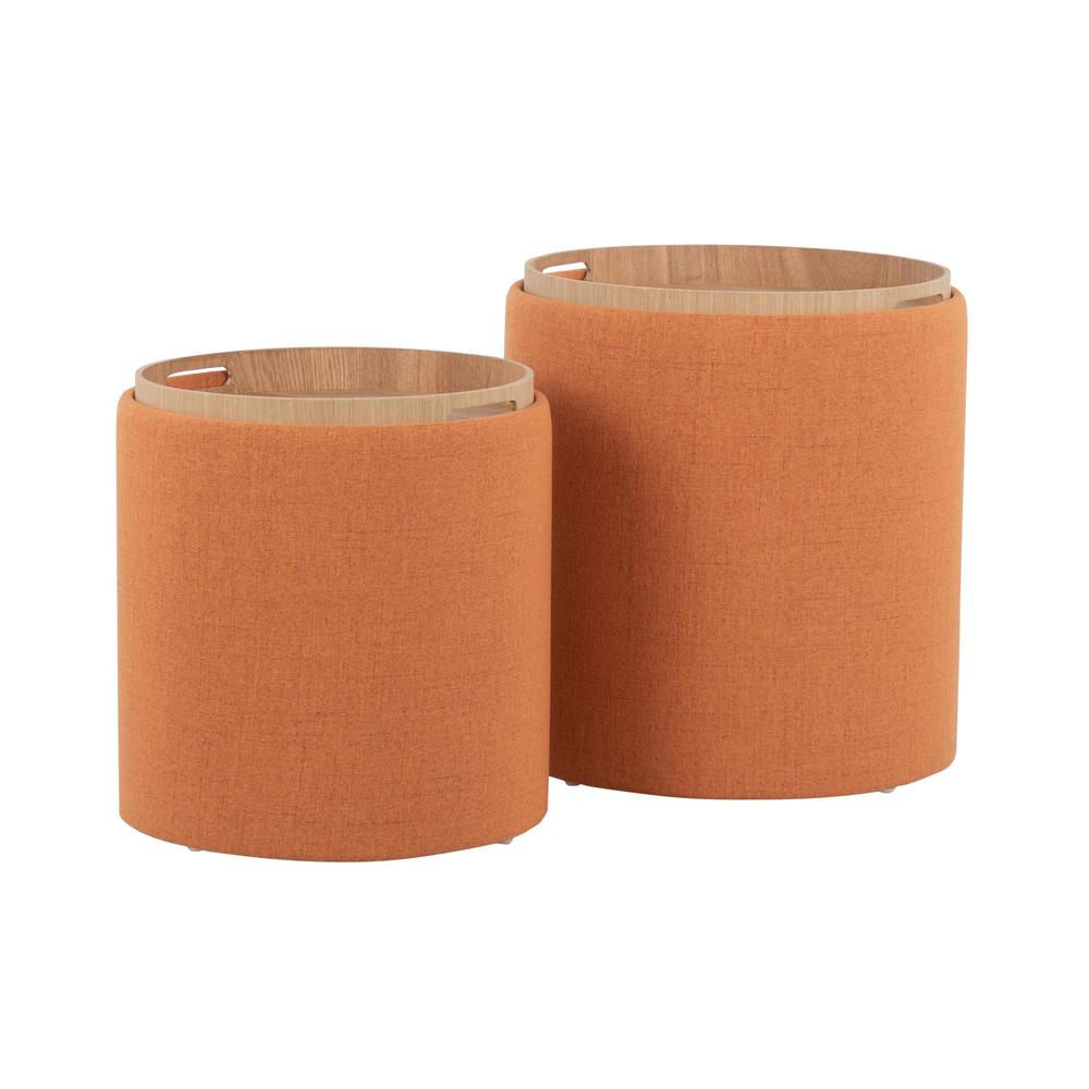 Orange Fabric, Natural Wood Tray Nesting Ottoman Set. Picture 4