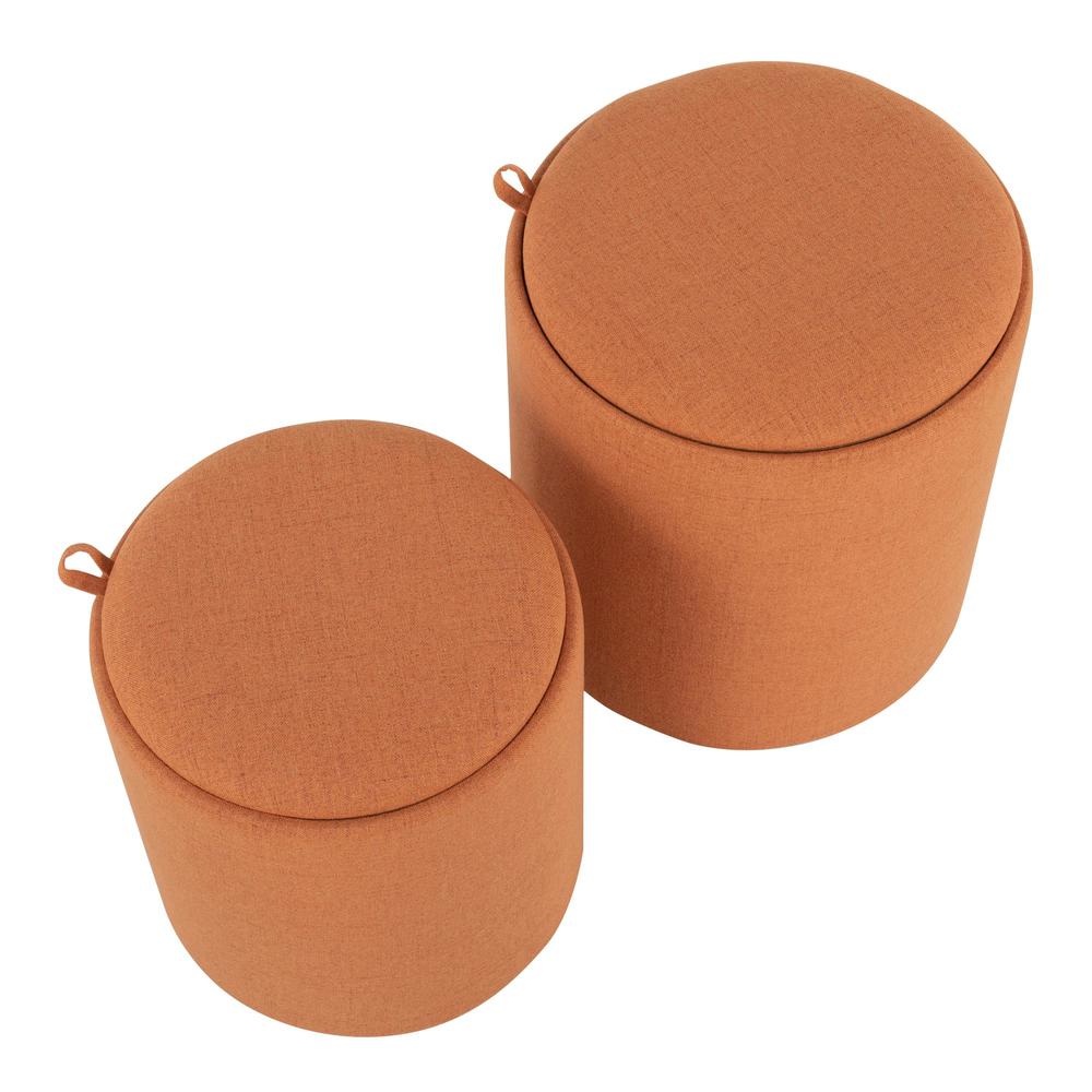 Orange Fabric, Natural Wood Tray Nesting Ottoman Set. Picture 2