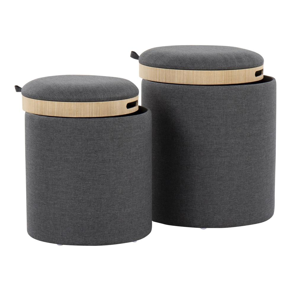 Charcoal Fabric, Natural Wood Tray Nesting Ottoman Set. Picture 3