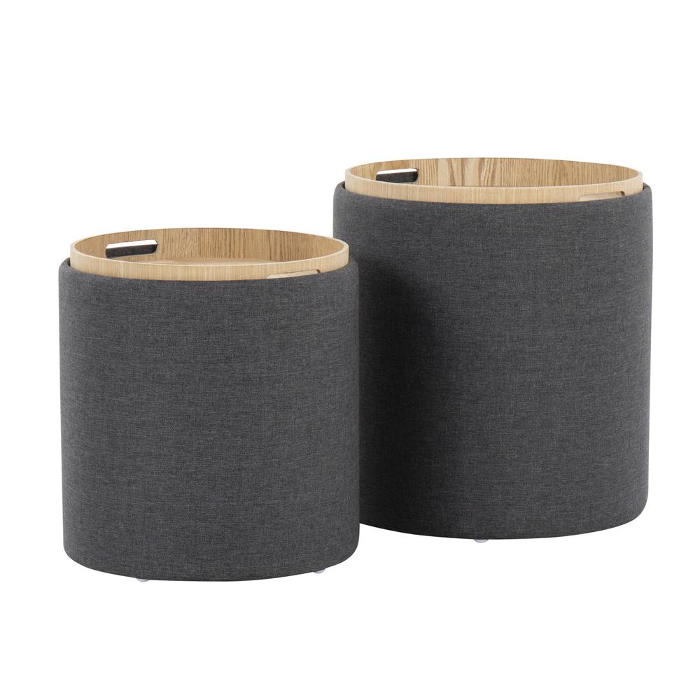 Charcoal Fabric, Natural Wood Tray Nesting Ottoman Set. Picture 4