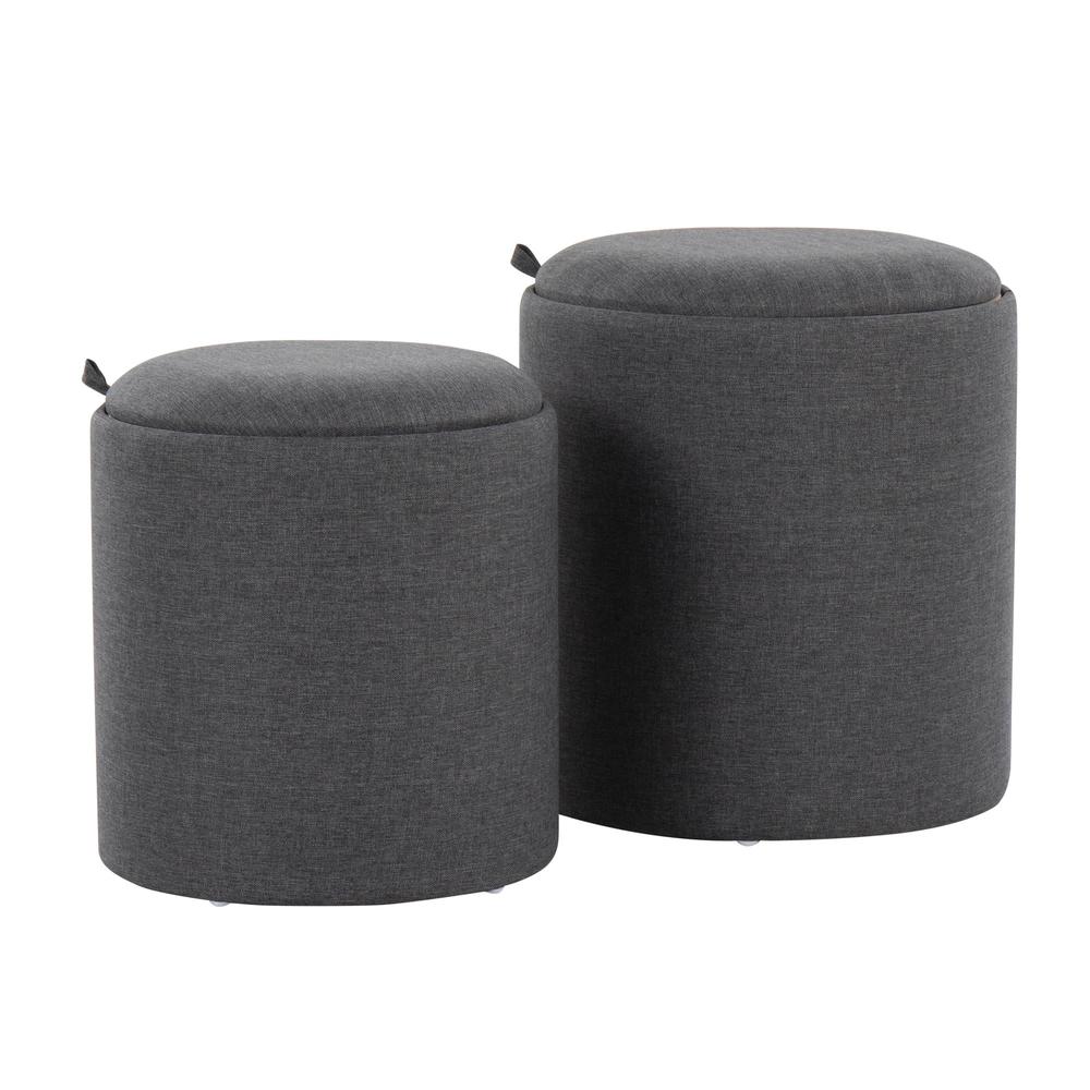 Charcoal Fabric, Natural Wood Tray Nesting Ottoman Set. Picture 1