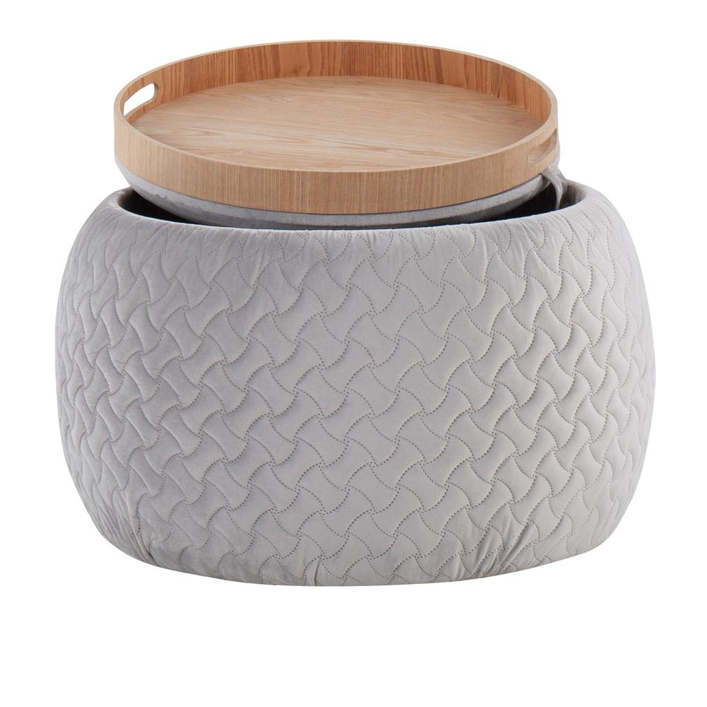 Silver Velvet, Natural Wood Tray Pouf. Picture 3