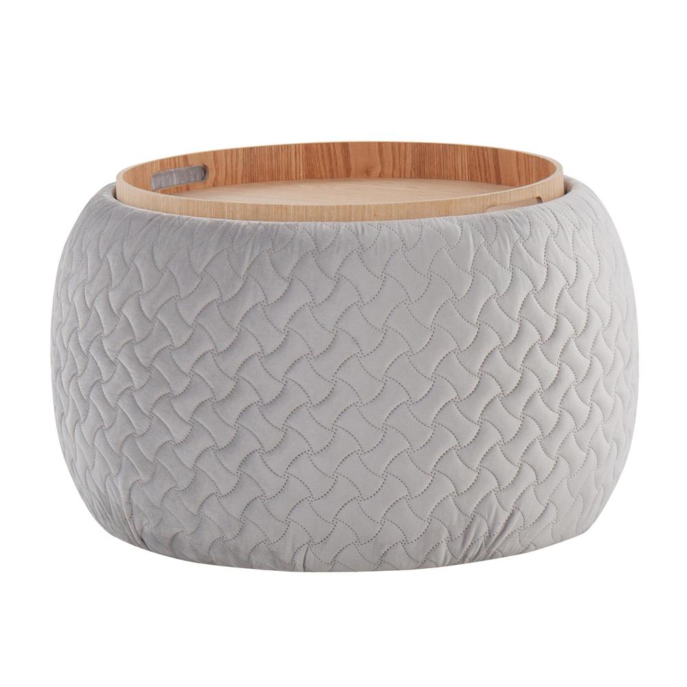 Silver Velvet, Natural Wood Tray Pouf. Picture 2