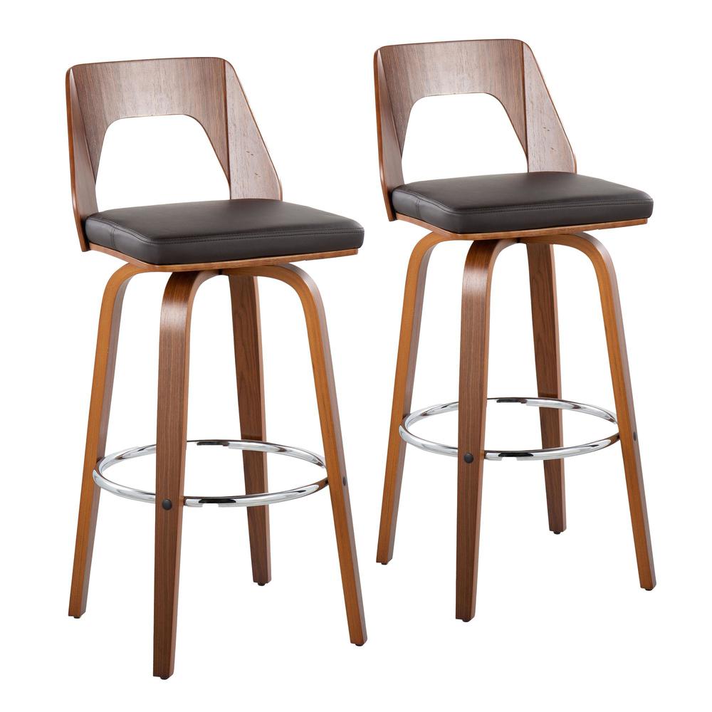 Walnut Wood, Brown PU, Chrome Trilogy 30" Barstool - Set of 2. Picture 1
