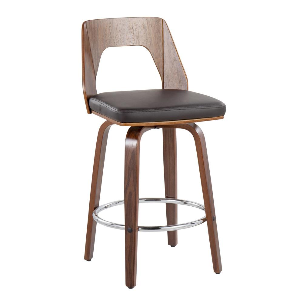 Walnut Wood, Brown PU, Chrome Trilogy 24" Counter Stool - Set of 2. Picture 2