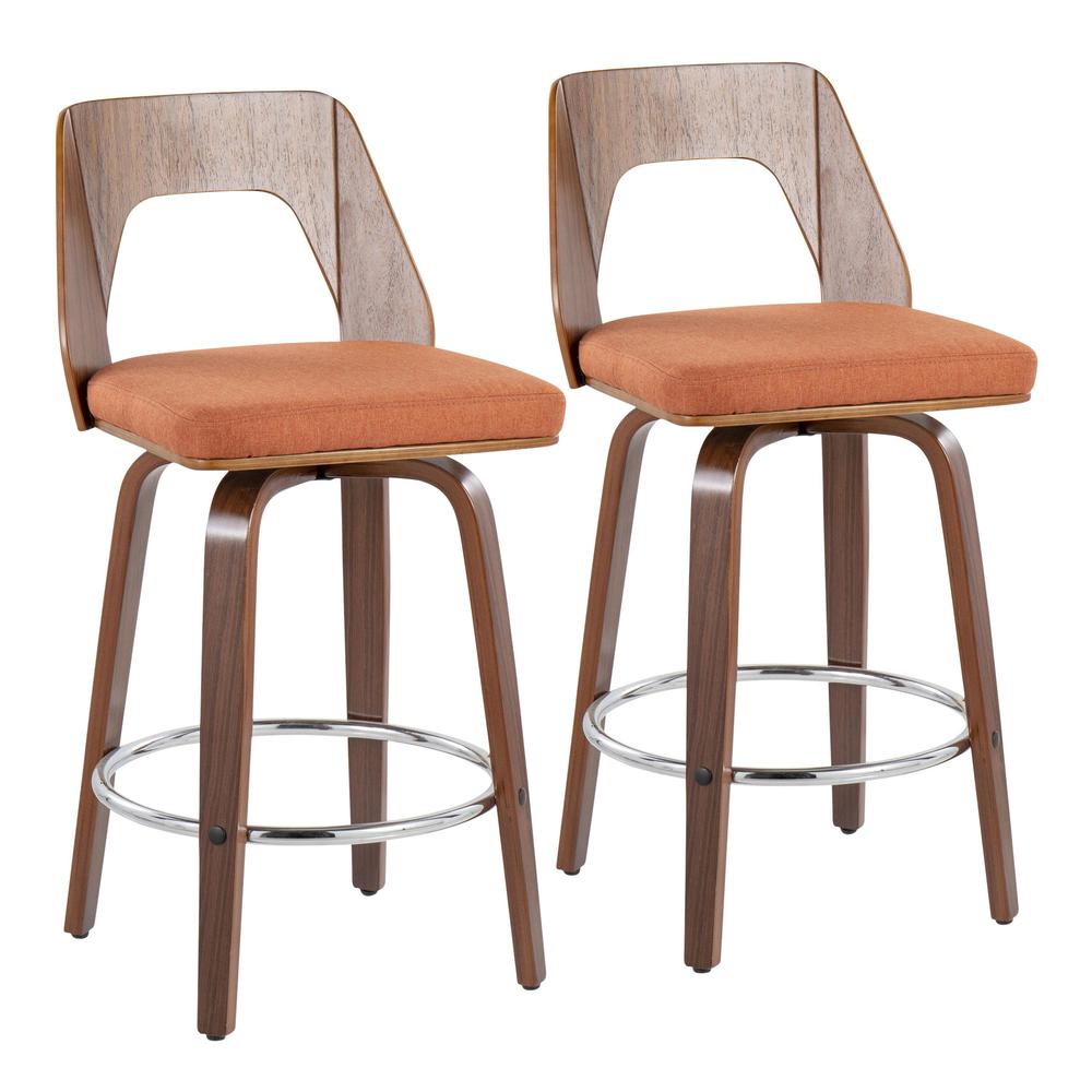 Walnut Wood, Orange Fabric, Chrome Trilogy 24" Counter Stool - Set of 2. Picture 1