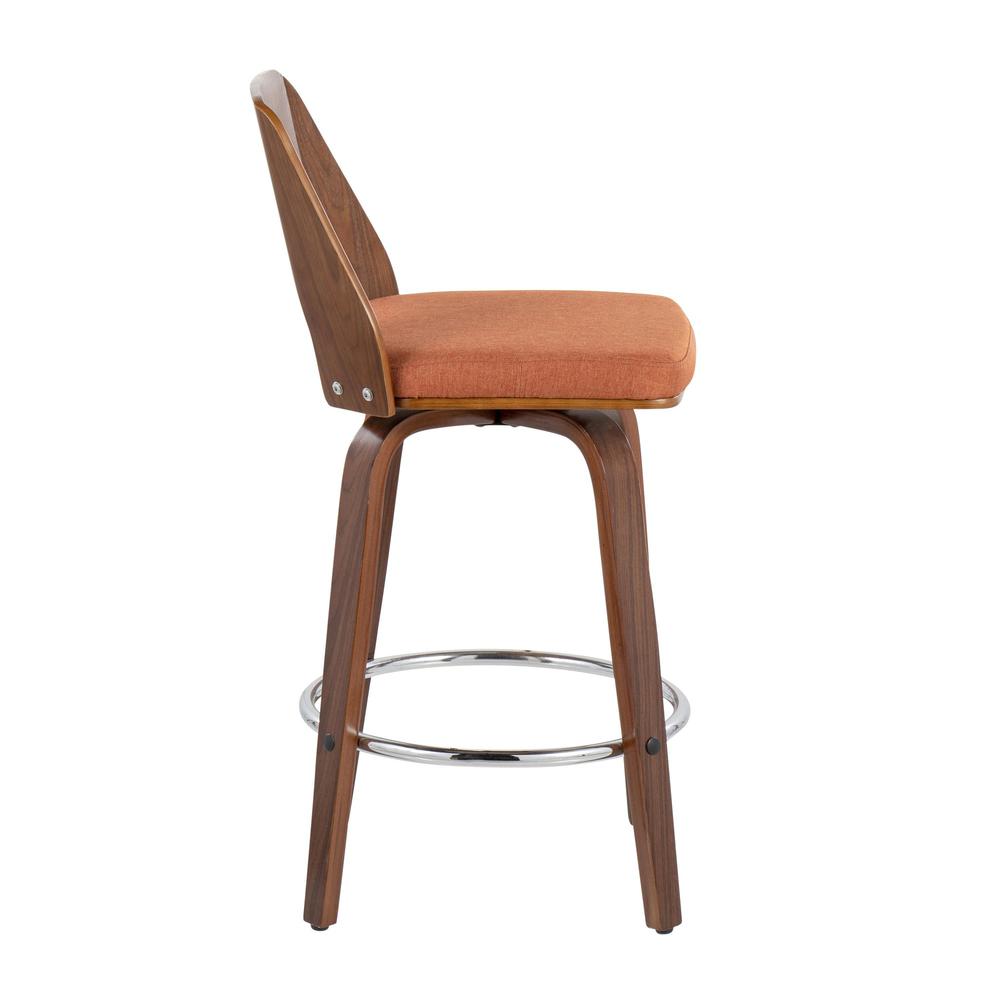Walnut Wood, Orange Fabric, Chrome Trilogy 24" Counter Stool - Set of 2. Picture 3