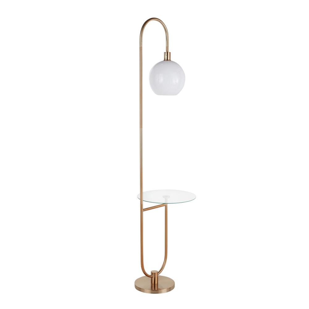 Gold Metal, Clear Glass, White Plastic Trombone Floor Lamp with Table. Picture 4