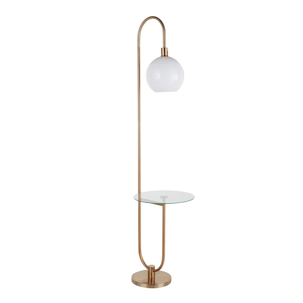 Gold Metal, Clear Glass, White Plastic Trombone Floor Lamp with Table. Picture 1