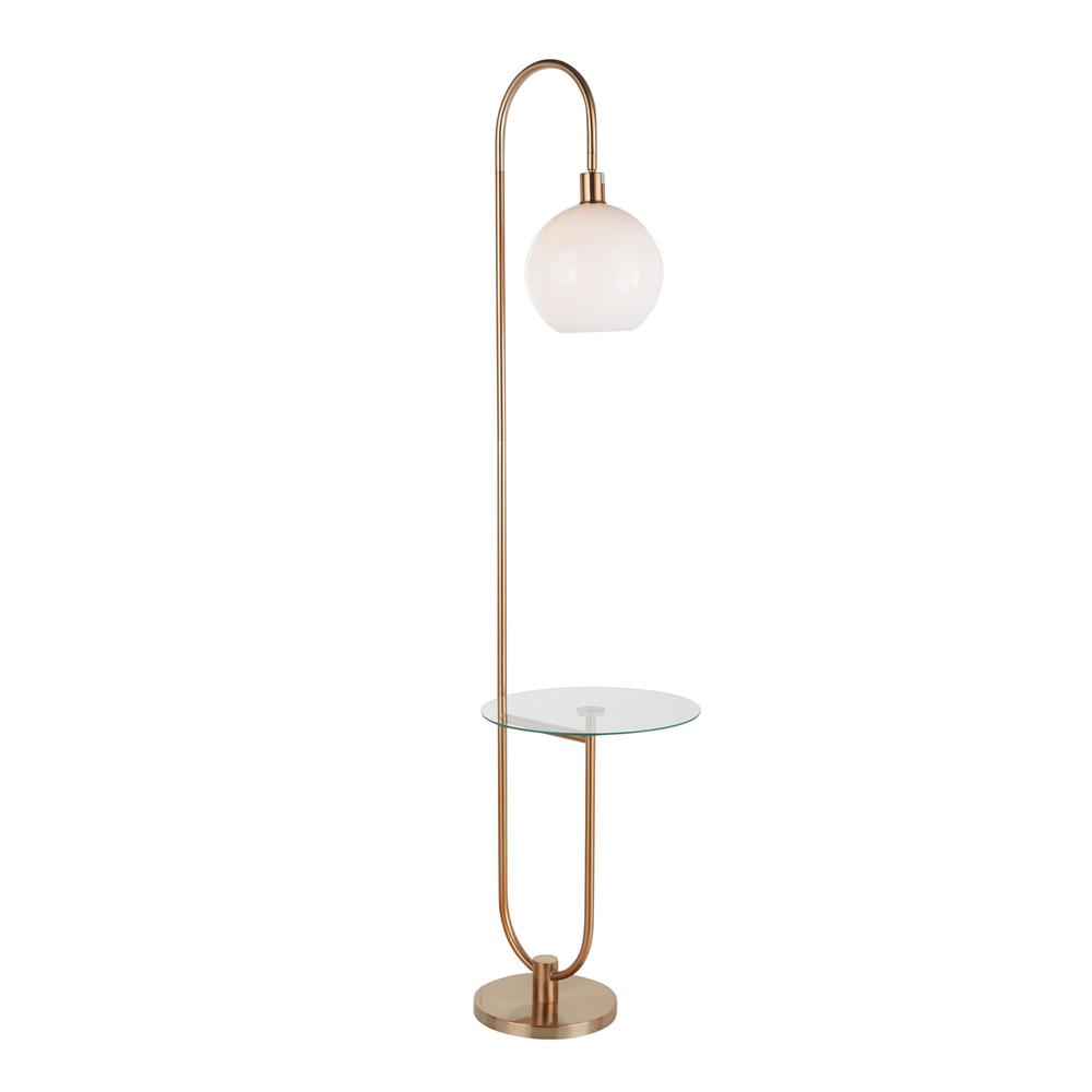 Gold Metal, Clear Glass, White Plastic Trombone Floor Lamp with Table. Picture 2