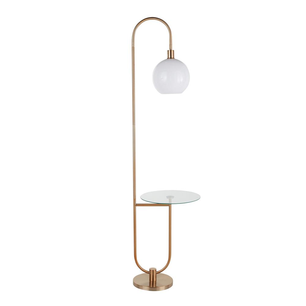 Gold Metal, Clear Glass, White Plastic Trombone Floor Lamp with Table. Picture 3