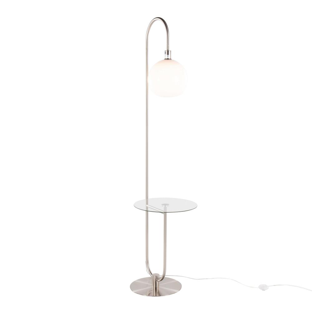 Nickel Metal, Clear Glass, White Plastic Trombone Floor Lamp with Table. Picture 1