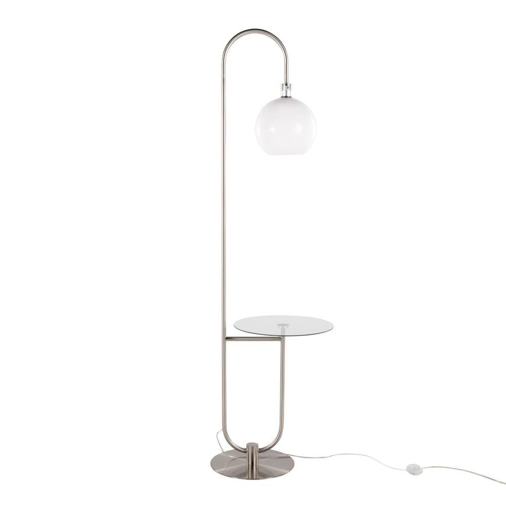 Nickel Metal, Clear Glass, White Plastic Trombone Floor Lamp with Table. Picture 3