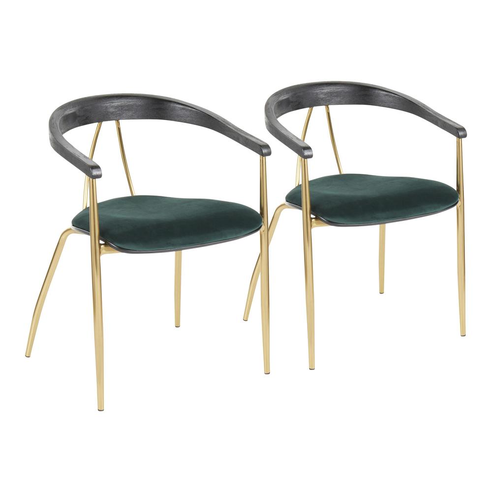Gold Metal, Green Velvet, Black Wood Vanessa Chair - Set of 2. Picture 1